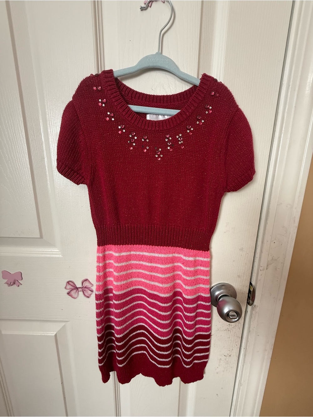 Justice Red Knit Short Sleeve Dress with Pink Gradient Stripes